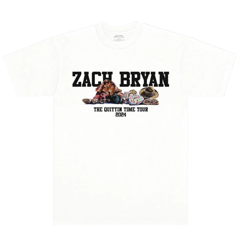 Zach Bryan t-shirt cowboy tour white Quittin Time dateback